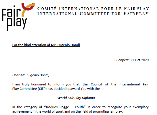 La lettera del International Fair Play Committee per Eugenio Dondi