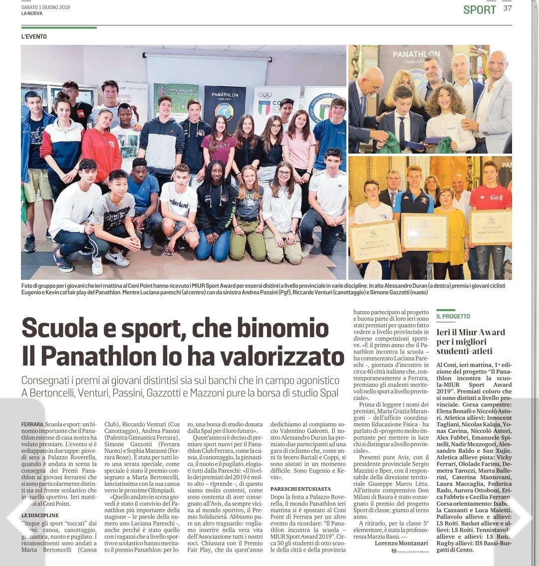 Sulle pagine del giornale la premiazione del progetto Panathlon - MIUS